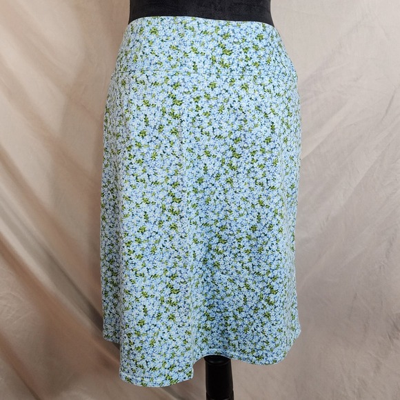 CHAUS Size 6 Pool Blue Ditsy Floral A-line Cotton Stretch Casual Skirt - Picture 7 of 10